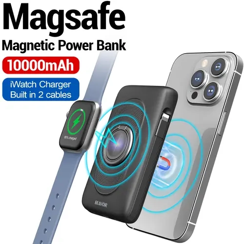 BLAVOR MagSafe Wireless Chargeable High Power Portable USB Battery Power Bank 10000mAh with Anti-Slip Leather, Built-in Cables, iWatch Charger, Fast Charging for iPhone 15/14/13/12 Pro Max Smartphones