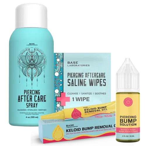 Bump Emergency 4-Pack – Piercing Aftercare Kit with Saline Spray + Bump Oil + Keloid Gel + Hole Cleaner for Nose & Ear Piercing Bumps
