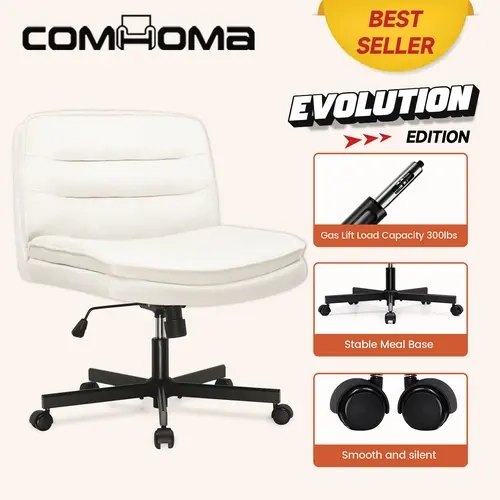COMHOMA Armless Plus-Size Leather Upholstered Swivel Desk Chair - Height-Adjustable, Crisscross Seat, Sit Cross-Legged Design, Smooth Rolling Wheels, Ergonomic, Arms-Free, Durable, Assembly Required Home Office Chair