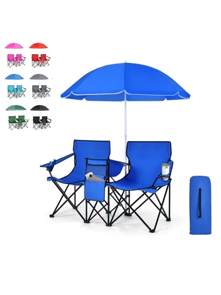COSTWAY Double Portable Picnic Chairs, Folding Camping Chairs w/Detachable Umbrella, Cooler Bag, Cup Holders, Patio Beach Camping Chairs for Outdoors football baseball season,4th of july decor, dad gift