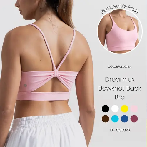 Colorfulkoala Women's Dreamlux Bowknot Strappy Wire-Free Pull-On Backless 19% Lycra Flex High-Stretch Supportive Yoga Workout Bra - Strappy Gym Sportswear Top for Yoga,Fitness, Yoga Workout Bras