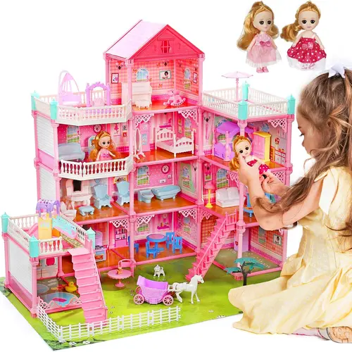 CUTE STONE Plastic Large 16-Room Pretend Playhouse Dollhouse for Kid Girl Gifts, Pink Princess Miniature House with Colorful Lights, Furniture, Accessories & 3 Dolls, Role Play Toy for 3-4 Years+ Kids