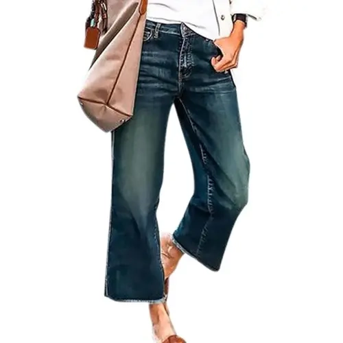 SHAPUM Mid Rise Wide Leg 90S Vintage Zipper Fly Raw Hem Womenswear Bottom 306 Loose-fitting Cropped Jeans