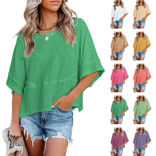 PiePieBuy Women's Cute Elegant Chiffon Blouse - 3/4 Batwing Sleeves, Round Neck, Loose Fit Preppy Top, Basic Chic, Breathable Rayon-Polyester Blend, Lightweight, Graphic/Plain, Casual for Daily Wear, Summer Party