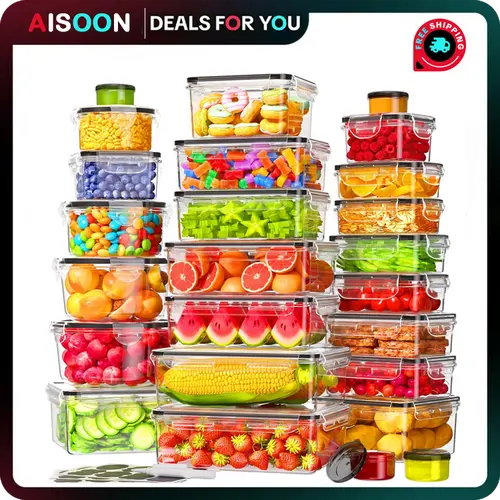 AISOON 25-Piece Hard Plastic Food Storage Containers Set - 50-Piece Microwave Safe Reusable Meal Prep Containers, 4-Clip Airtight Leakproof Dustproof Lids, Labels & Marker for Fridge Organization, Large Boxed Storage