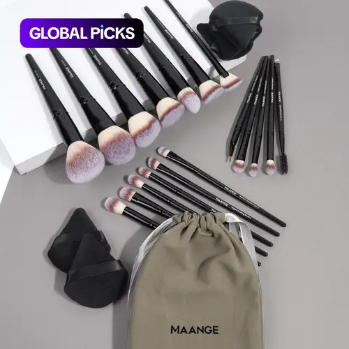MAANGE Beauty Makeup Cosmetic Tool Set, 18pcs/set Professional Makeup Brush Set & 1 Count Drawstring Pouch & 5 Counts Triangular Power Puff, Great for Beginners #GLOBAL PICKS