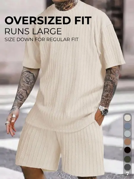 Men’s Loose Fit 2-Piece Summer Set, Oversized Textured Tee with Relaxed Fit Drawstring Shorts