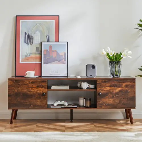 【Deal】Sweetcrispy Sturdy Mid-Century Modern TV Stand - 55-60 Inch Television Stand, TV Unit with Storage Cabinet & Adjustable Hinge, Wooden Media Console for Living Room, Bedroom Furniture