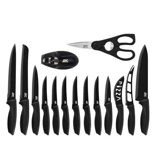 LDC LUX DECOR COLLECTION 15-Piece Stainless Steel Kitchen Knife Block Set with Steak Blades, Ergonomic Handles, Ultra Sharp Fine Edge for Clean Cuts, Lightweight Cutting Kitchenware, Scissors & Sharpener