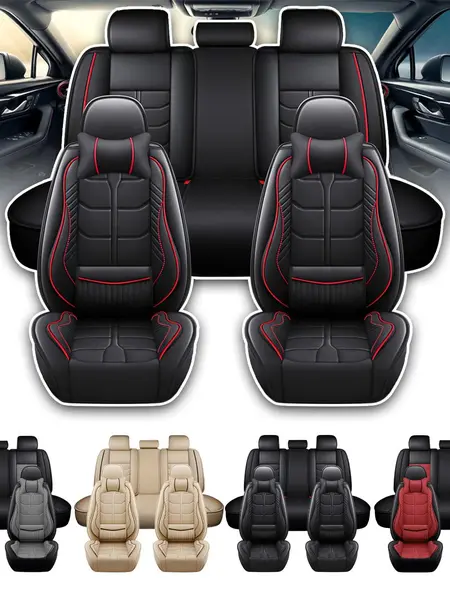 5-Seats Full Set Car Seat Covers,Luxury Waterproof Nappa Leather Cushion Protectors,40/60 Split Front and Rear Bench Seat,Full Surround Car Interior Cushions,Universal Fit for Cars Sedans SUVs-(Black/Red Line)