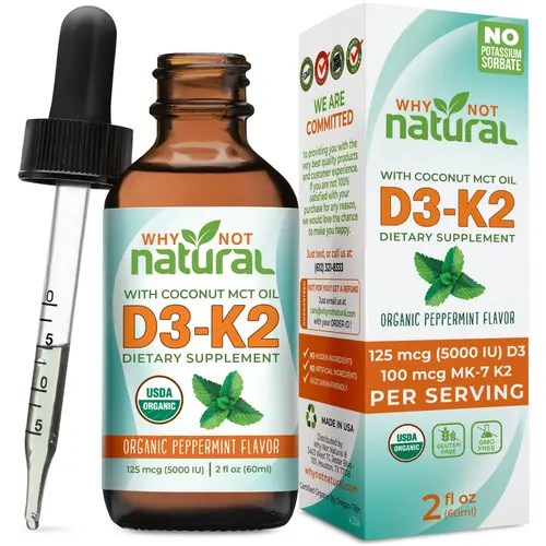Organic Vitamin D3 Liquid Drops with K2 (MK-7) Sublingual Liquid (5000 IU) in Coconut MCT Oil Adult Child Gluten Free GMO Free Dairy Free - Main Edible Supplement Healthcare Fitness Dietary