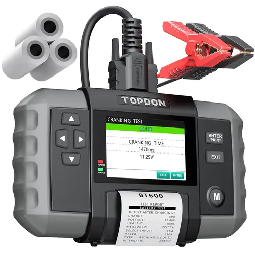 TOPDON BT600 Car Battery Tester 12V/24V Cranking Tests and Charging Alternator Load 100-2000CCA Digital Battery Voltage Tester, 3.5" Screen with Built-in Printer