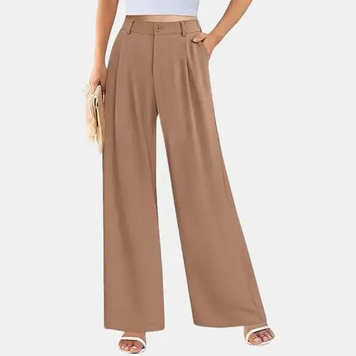 PrettyGarden Women's Wide Leg Suit Pants Loose Fit Elastic High Waisted Business Casual Long Trousers  Comfy Plicated Pants With Side Pockets