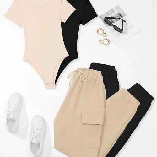 Women's Solid Basic Pocket Pants Set, Casual Short Sleeve Bodysuit & Drawstring Waist Cargo Pants Set, Summer Clothes for Outdoor Holiday Daily