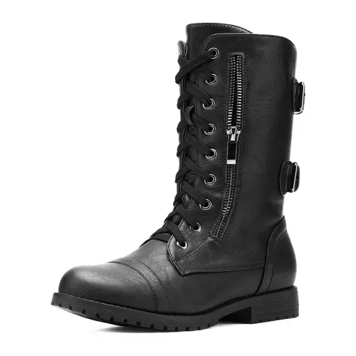 Dream Pairs Women's Casual Utilitarian Mid-Calf Combat Boots - Faux Fur Lined, Lace-Up, Lightweight, Breathable, Slip-Resistant, Khaki Winter Footwear with Side Zipper Pocket, TPR Outsole, Side Zipper, Walking Shoes for Back to School