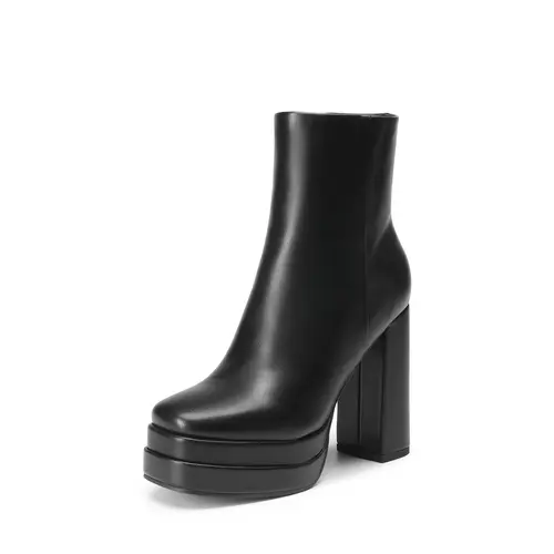 Dream Pairs Women's Y2K-Inspired Square Toe Platform Ankle Boots - Cuban Chunky Heel Style, Flared Leather, Side Zipper Convenient Design, Casual Footwear, Comfortable Platform Heels
