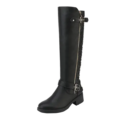 Dream Pairs Women's Low Heel (1-3 cm) Fashion Boots - Knee-High Riding Style, Quilted, Faux Fur Lined, Black Regular Calf, Wide Calf Fit, Instep Zip, Buckle Strap, Platform, TPR Rubber Sole Winter Footwear for Back to School