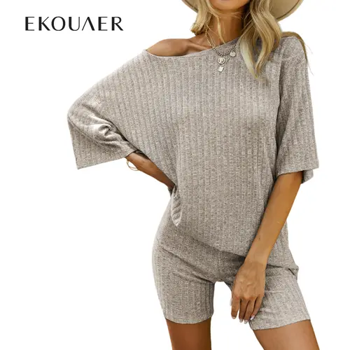 Ekouaer Women's 2-Piece Knitted Maternity Pajama Shorts Set - Bump-friendly Fit, Breathable Ribbed Basics, Stretchy Round Crew Neck Top, Above-the-Knee Bike Shorts, Date & Outdoor Loungewear, S-XXL