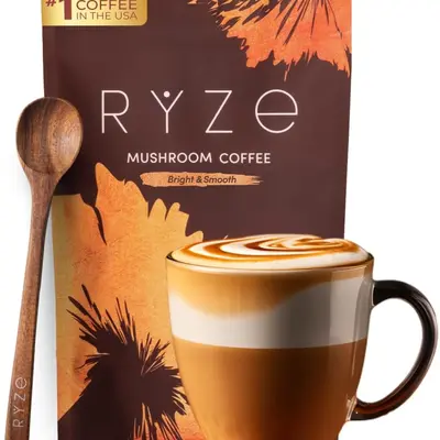 RYZE SUPERFOODS Mushroom Medium Roast Coffee USDA Organic with 6 Adaptogenic Mushrooms, USA Grown Instant Coffee for Better Energy, Focus Digestion Immunity with Lions Mane & Turkey Tail 30 Servings