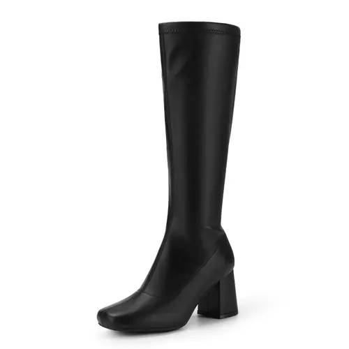 Dream Pairs Women's Stylish Gogo Knee-High Boots - Square Toe, Chunky Heel Style, Synthetic Flexible Stretch PU, Wide Fit, Daily Elegance, Casual Walking Footwear (Black/Patent/PU)