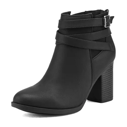 Dream Pairs Women's Shoes - Chic Classic Leather & Faux Leather Ankle Buckle Booties, Soft Closed-Toe Comfortable Heels, Approx. 3" Chunky Block Heel, Comfortable Fit, Shoes for Women