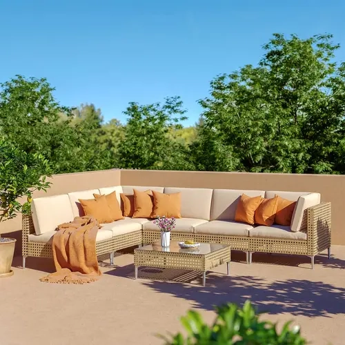 GRAND PATIO 7-Piece Modern L-Shape Corner Resin Wicker Basket Weave Sectional Sofa Set, Thick Beige Cushions, All-Weather Metal Coffee Table & Armless Chairs, Weather Resistant Outdoor Furniture for Deck, Pool, Any Season, Assembly Required