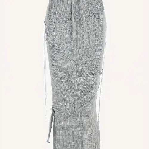 Solid Drawstring Split Side Tassel Sweater Skirt, Elegant Fashion Casual Tie Side Pencil Skirt for Daily Outdoor Wear, Women Knitwear for Spring Fall, Slit Hem Skirt