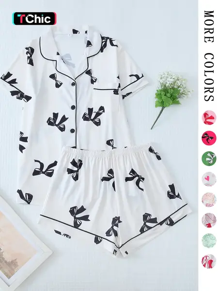 Two-Piece Set Women's Printed Button Front Pocket Shirt & Elastic Waist Shorts Pajama Set, Cute Comfy Soft PJ Loungewear Set, Summer Clothes Women, Soft Pajamas