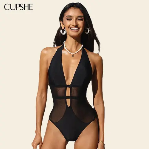 CUPSHE Hourglass Sculpting Mesh One-Piece Swimsuit | Deep V Neck Tummy Control Monokini  swimwear | Chic Halter Back Sheer Bathing Suit for Pool Party Glam Bathing suit #DealsForYouDays
