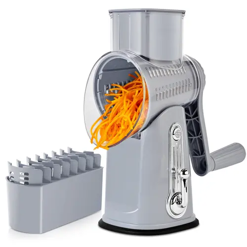 SUSTEAS Round Rotary Cheese Shredder - Multifunctional Kitchen Accessory with Crank Handle, 5 Steel Interchangeable Blades, Strong Suction Cup Base, Blade Storage Box, Green Wavy Cuts, No Skill Needed for Cabbage Grater, Potato Spiral Grater & Gifting