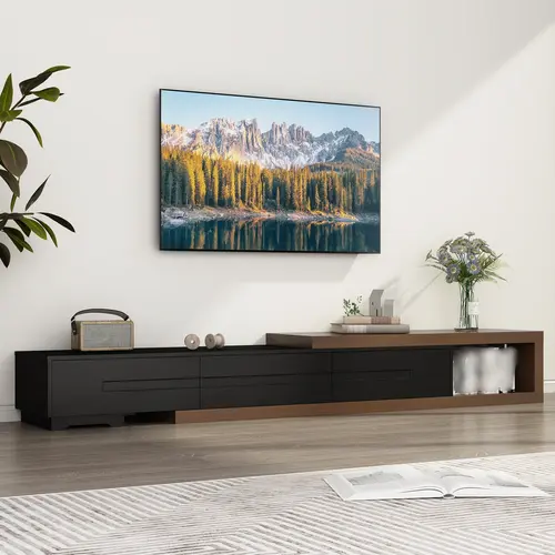 Extendable TV Stand Cabinet for Up to 100-Inch TVs - Sturdy Modern Living Room Storage Media Console with Drawers, Length-Adjustable, 8.6 in Shelf Depth, Black/White, Tv Stand Compatible, Extendable Board Capacity:132 lbs, Assembly Required