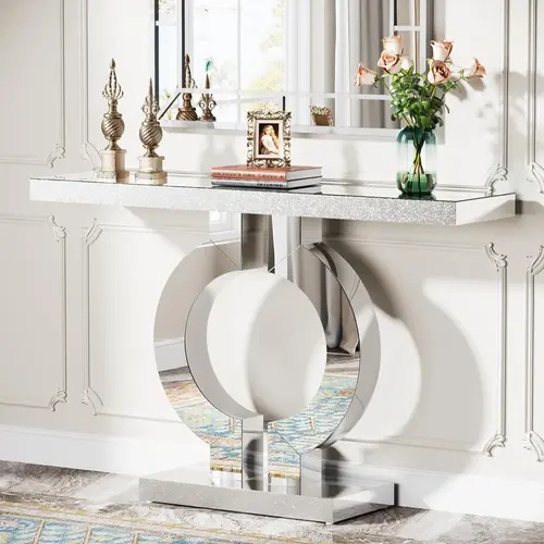 Tribesigns 43-Inch Mirrored Console Table with O-Shaped Base, Modern Silver Entryway Table for Living Room Hallway Entrance, Antique Furniture for Livingroom
