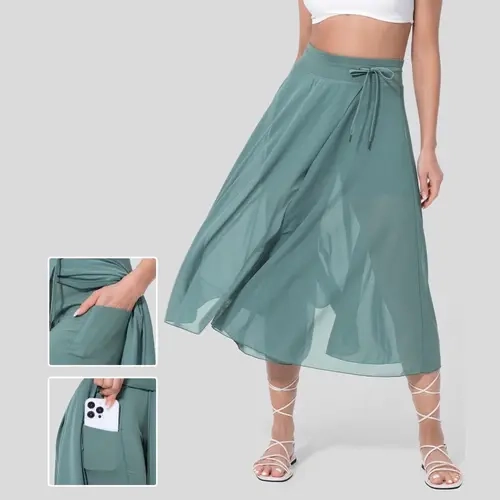 Halara High Waisted Drawstring Contrast Mesh 2-in-1 Side Pocket Flowy Midi Flare Casual Skirt