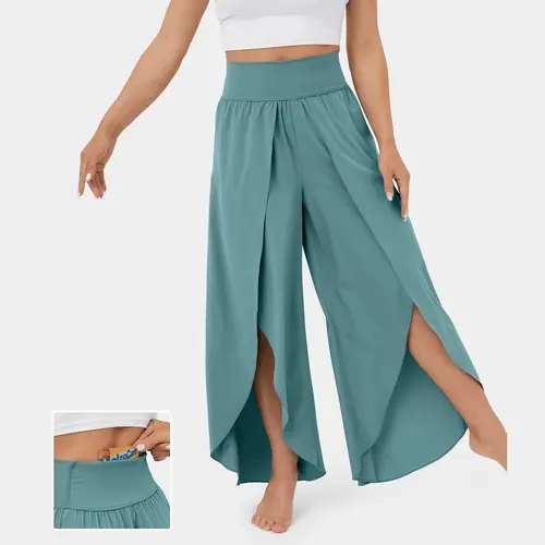 Halara Breezeful High Waisted Back Waistband Pocket Palazzo Flowy Split Wide Leg Quick Dry Casual Pants
