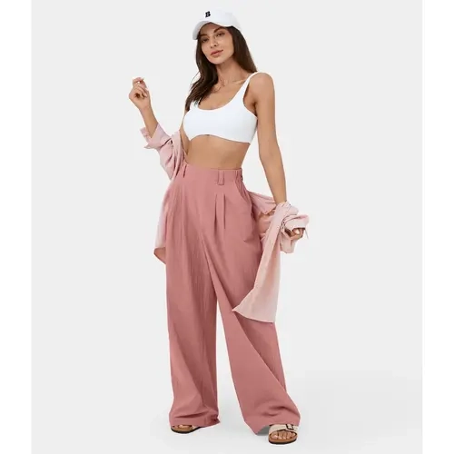 Halara High Waisted Plicated Side Pocket Wide Leg Flowy Solid Palazzo Casual Pants