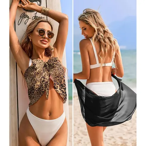 Ekouaer Women's 2-Pack Sheer Chiffon Polyester Sarongs - Short Tie-Waist Pareo Wrap Skirts with Front Slits, Sleeveless Solid/Patterned Bikini Coverups for Beach, Cruise, Bikini Coverup