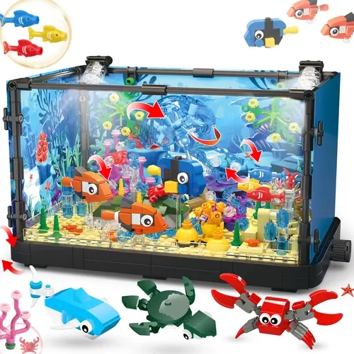 TOKMOC 788 Pieces,Lighting Aquarium Fish Tank Building Block Set,Including Ocean Jellyfish, Dolphin,Turtle, Crab,Sea Creatures Animal Building Gift Toys,Stem Projects,Home Decoration,For Aged 12 and Above,Stress Relief Toy,66003