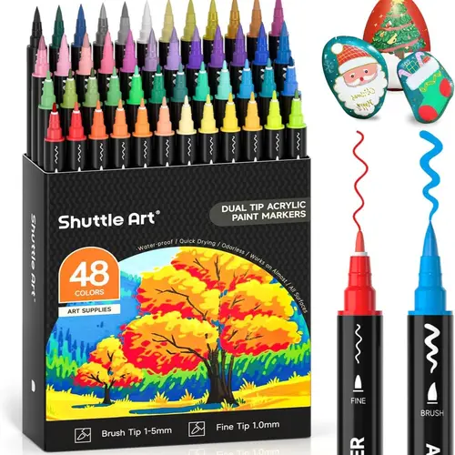 Shuttle Art 48/60 Colors Cap-Closed Dual Brush-Fine Tip Acrylic Markers, Crafting Supplies for Multi-Surface Use, Brush-Type Drawing & Painting Supplies for Paint Rocks, Glass, Wood (Metallic Shades Add Luxe Shine)