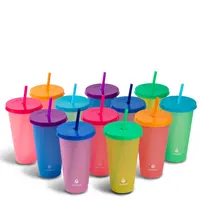 24-Piece Reusable Thermochromic Rainbow Cup Set - Refillable Straw Water Bottles, Color-Coded Portable Washable Kitchenware Drinkware, Refillable Water Bottles
