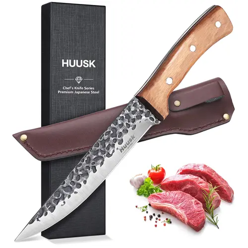 Huusk Forged High Carbon Steel Full Tang Boning Knife - Durable Kitchenware, 5.99 oz Straight Plain Edge, Ergonomic Handle, Viking-Inspired Look, Safe Sheath, Gift Box, Brisket Trimming Meat Tool, Cooking Accessories, Valentine's Day Gift