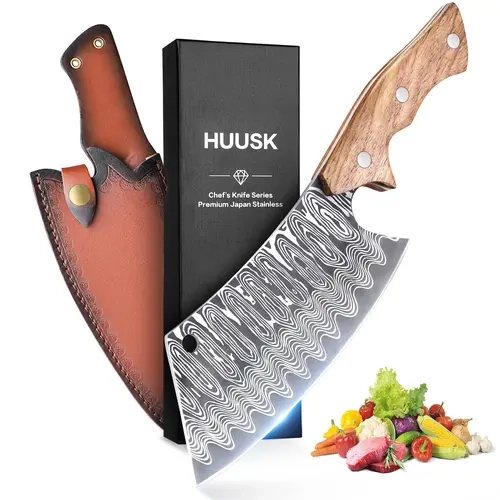Huusk Knives Hand Forged Meat Cleaver – Japanese Knife with Sheath, Knife for Meat & Vegetables, Ideal for Kitchen, Camping, Christmas Gift