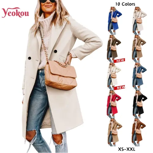 Yeokou Women's Chic Classic Soft Wool-Poly Mix Lapel Pea Coat, Elegant Fitted Long Sleeve Long Length Winter Overcoat with Buttons for Business Casual Office Wear