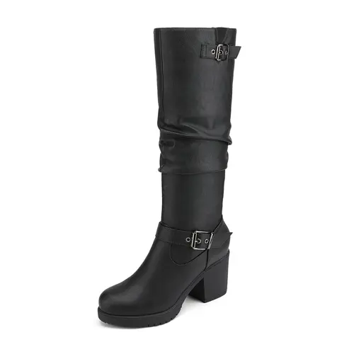 Dream Pairs Women’s Classic 3" Chunky-Heel Knee-High Platform Boots - Almond Toe, Side Zipper for Easy On/Off, Soft Memory Foam Insole, TPR Rubber Outsole, Chic Comfortable Heels