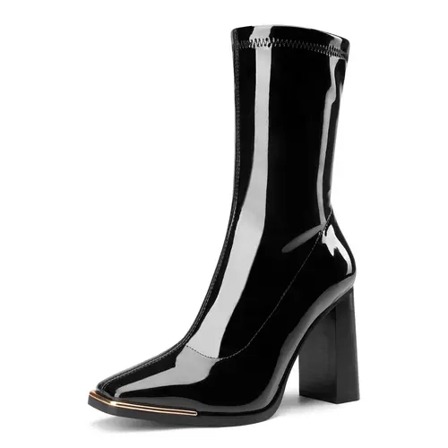 Dream Pairs Women's Chic Chunky Heel Mid-Calf Boots - Pointed Toe, Brown PU Upper, Side Zipper, Rubber Sole, Party & Business Footwear Fashion