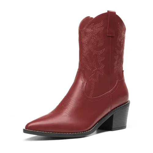 Dream Pairs Women's Western Pointed Toe Ankle Boots Footwear - PU & Faux Leather, 4mm Latex Cushioned Memory Foam, Chunky Wedge Heels, Lightweight TPR Sole, Wood Grain, Cowboy Swagger, Cowgirl & Outlaw Style, Festivals Party Commuting Wear