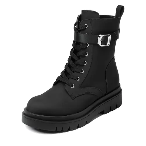 Dream Pairs Women's Mid-Calf Combat Boots - Lace-Up Padded Platform Chunky Heel, Side Zipper, Water-Resistant PU Leather & Fabric Upper, Round Toe, Grunge Military Rock Design, Metal Buckle Edge, Slip-Resistant All-Seasons Comfortable Casual Shoes