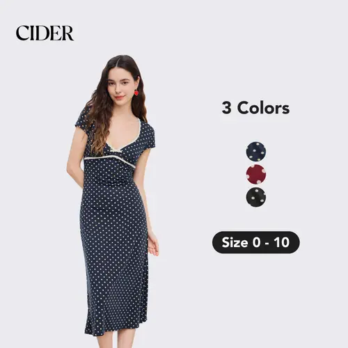 Cider Knit V-neck Spot Bowknot Midi Dress, Women's Polka Dot Print Dress, Cute Dress for Casualoutfits