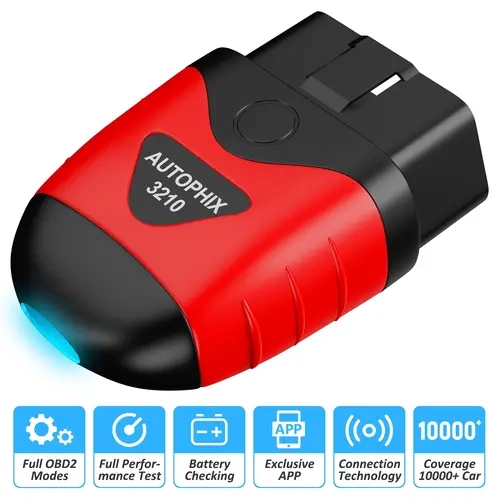 AUTOPHIX 3210 Compact Bluetooth OBD2 Automotive Diagnostic Scanner - OBD2 Standard Code Reader for 200+ Brands, 8*5*5cm Size, Safety Warnings, Built-in Settings, Exclusive App, Battery Test, 9-Lang Support, Mechanic Report Sharing, DIY Home Checks