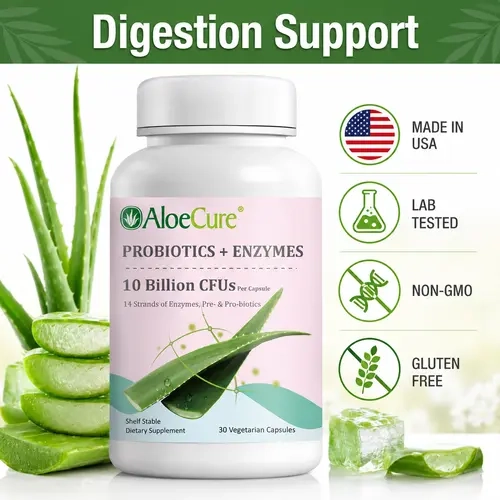 AloeCure Natural Prebiotic-Probiotic & Enzymes Capsule Supplement by American Global Health Group, Organic Aloe Vera, Gluten-Free, Dairy-Free, 12h Freshness, Bromelain Boost, Gut Support, 24-Month Shelf Life, 30 Capsules, for Adults