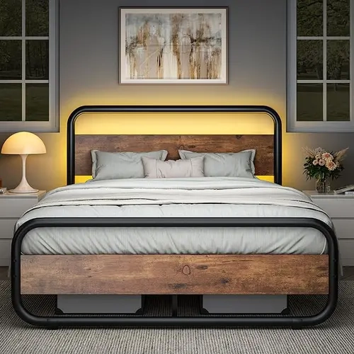 HOMBCK Oval Metal-Iron Storage Bed Frame with Built-In LED Light Headboard, No Box Spring Needed, Rustic Platform Bed, Mattress Not Included #SohoChic #Homemakeover